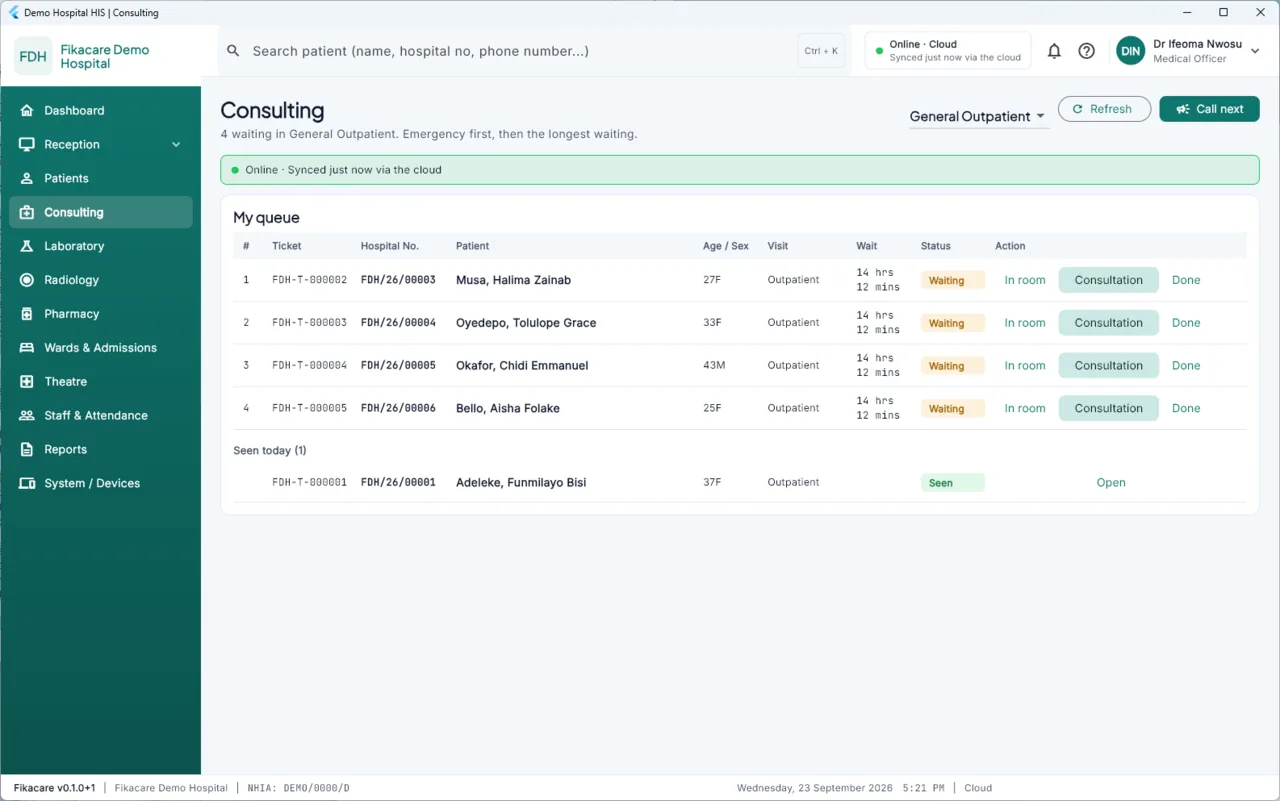 The consulting worklist, with Call next and the people waiting
