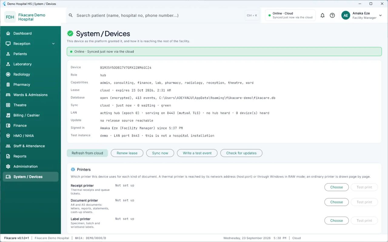 System and Devices, showing what this machine is, its lease and its sync state