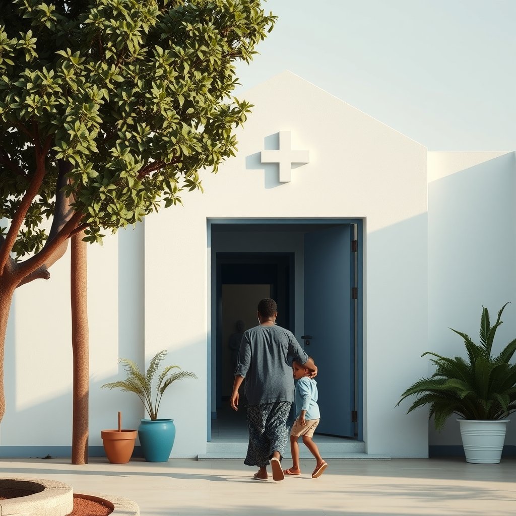 A mission hospital chapel entrance beside a clinic block